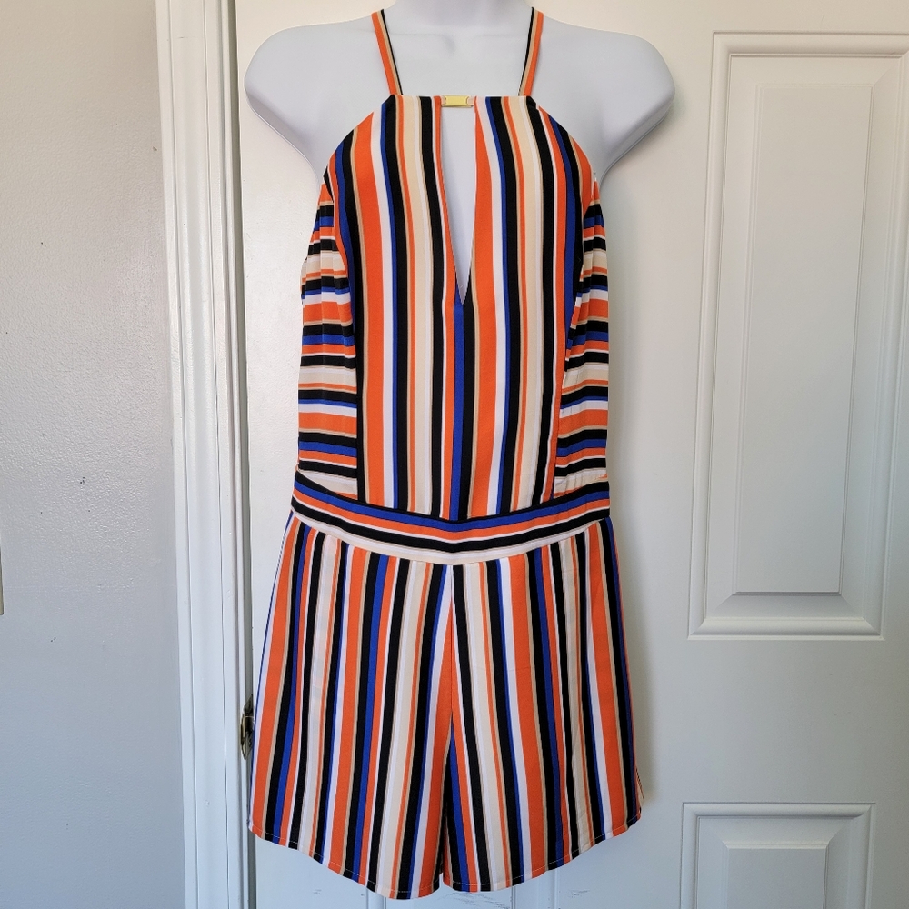 NWT Bebe Striped Halter Romper V Neck Gold Metal Trim Back Zip Size Small